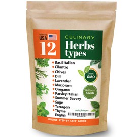Herbobloom Set of 12 Heirloom Culinary Herb Seeds - 3800 Seeds for Indoor and Outdoor Planting - Basil, Cilantro, Chives, Lavender, Oregano, Dill, Thyme, etc