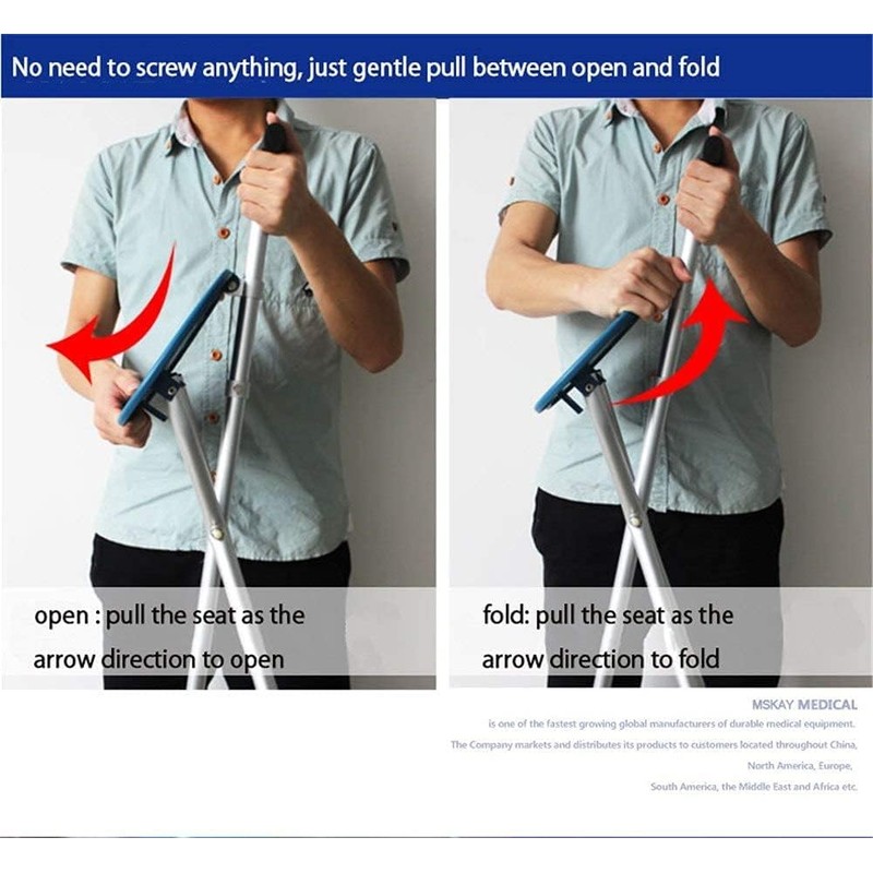 Folding Cane Seat Sturdy Lightweight Adjustable Handle Legs with LED