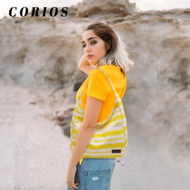 CORIOS Tote Bag Women Striped Canvas Handbag Casual Top Handle Bag Large Capacity Shoulder Bag Ladies Underarm Bag for Shopping Work Travel School Daily Yellow