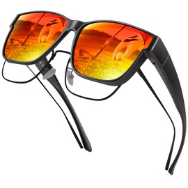 URUMQI Polarised Sunglasses Men Women UV400 Protection Oversized Square Sunglasses for Glasses Wearers Fit Over Glasses Driving Fishing, A06 Matte Black Frame/Red Mirrored Lens