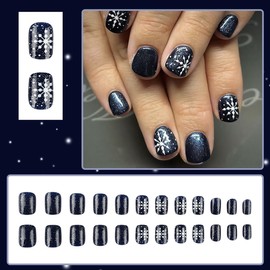 24 Pcs Christmas Press on Nails Short Square Xmas Dark Blue Glitter Fake Nails Press ons Nail Art Tip Glue on Nails SHANRUN Full Cover Artificial Acrylic False Nails Stick on Nails Snowflake Design