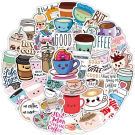 Cute Coffee Cup Stickers, 50PCS Funimost Vinyl Waterproof Stickers for Water Bottle Laptop, Scrapbook, Cups, Funny Coffee Accessorise Decals for Kids Teens Adults, Party Supplies