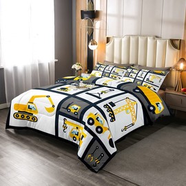 Feelyou Boys Construction Bedding Set Twin Size Kids Machinery Truck Comforter for Children Construction Site Car Vehicle Decor Comforter Set Excavators Quilt Set Bedroom Decor Quilt Cover 2Pcs
