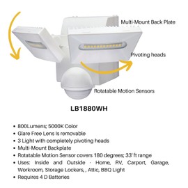 IQ America LB1880WH Motion Security Flood Light, Battery Operated Motion Sensor, 800 Lumen LED, Wall or Eave Soffitt Universal Mount Indoor Outdoor Closet Shed Attic Workshop Garage Grill Light WH