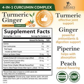 Turmeric Gummies with Black Pepper & Ginger for Best Absorption, 95% Curcuminoids Tumeric Curcumin Gummy, Nature's Herbal Extract Joint Support Supplement, Vegan Non-GMO, Peach Flavor - 120 Gummies