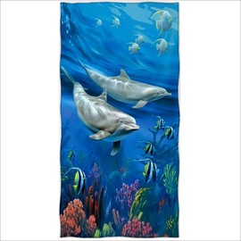 Zomer Beach Towel 70 x 140 cm, Printed Microfibre Bath Towel Blue Ocean Dolphin
