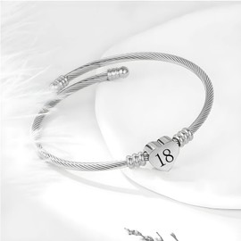 KunBead 18th Birthday Love Heart Bracelets for Women Expandable Lucky Number Age Bangle Cuff Stainless Steel Bracelet