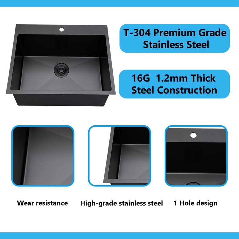 18x18 inch Drop in Bar Sink Black, Topmount Stainless Steel