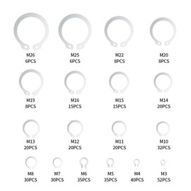 E-Clip Circlips Set, 400 Pieces Locking Washers E-clip Set, Stainless Steel Circlip Assortment Kit, 18 Sizes Internal External Snap Rings for Shafts Fixing Bearings