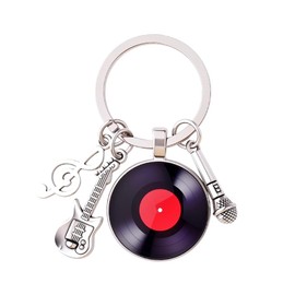 Vinyl Record Keychain for Friends Music Disco Lover Birthday Christmas Gift Guitar Keyring Microphone Music Note Key Chain for Musician Guitarist Singer Rock Band Member Bag Charm Key Holder
