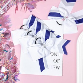 12PCS Cheer Bows Bulk Glitter Cheerleading Bows Girls Hair Bows White Blue Cheer Bows Elastic Band Ponytail Holder for Cheerleaders Teen Girls College Sports Competition