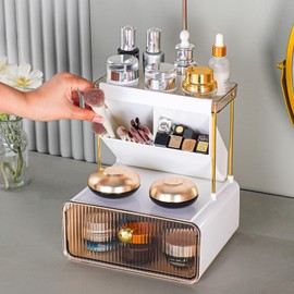 YCIA&DONE Makeup Organizer with Drawers, Shelves, Brush Holders, Countertop Organizer for Bathroom, Vanity, Cabinets, Dresser, 9.01 x 8.46 x 10.23 inches (Amber)