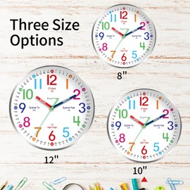 Roymnie Wall Clock for Kids Learning Easily Kids Teaching Clock Silent Non Ticking Battery Operated Colorful Teaching Time Clock Decorative for Kids Room Classroom School (10 Inch)
