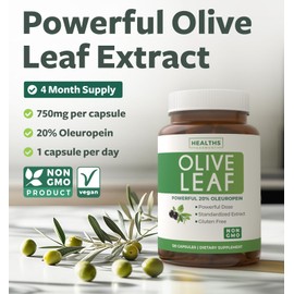Super Strength Olive Leaf Extract Capsules - Vegan Non-GMO 750mg Olive Extract with 20% Oleuropein Antioxidant Supplement for Immunity Skin and Heart Health Support - Made in The USA (4 Month Supply)