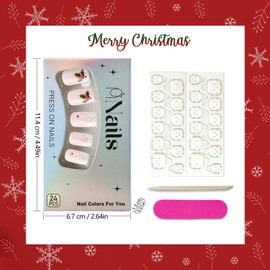 French Tip Press on Nails Short Square, Fake Nails with Christmas Hollyhocks Designs Glossy Glue on Nails Cute Acrylic Nails Xmas Stick on Nails for Women, 24 Pcs Full Cover False Nails Set
