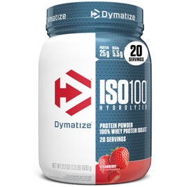 Dymatize ISO 100, Proteína Aislada de Suero Hidrolizada, Sabor fresa, 640 g, 25 g Proteína por Porción, Sin Gluten, 20 porciones