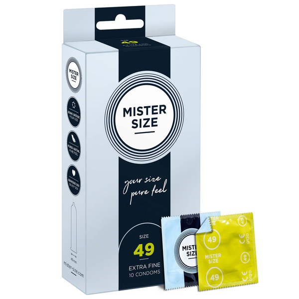 MISTER SIZE Condoms Real Feel Super Delicate 49 mm Pack of 10 / Extra Thin & Extra Fine / Condom Made of 100% Natural Rubber Latex in Your Size XS - S / Natural Feeling Pack of 10