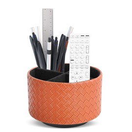 Czzmy Round Leather Art Supply Organizer,Remote Control Holder,360 Degree Spinning,Multi-Functional Pencil Holder,4 Compartments Desktop Stationary Organizer(1-Weave Brown)