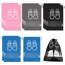 Pack of 12 Shoe Bag Travel with Drawstring, Shoe Bag Travel Shoe Bag with Transparent Window, Shoe Bag Set, Dustproof Storage Bag for Men Women Daily and Travel Use, Dark grey, black, sky blue, pink,
