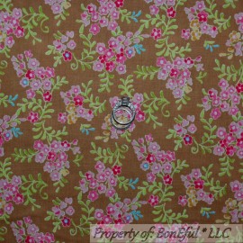 Clothworks BonEful Fabric FQ Cotton Quilt Brown Pink Blue Green Flower Leaf White Small Dot