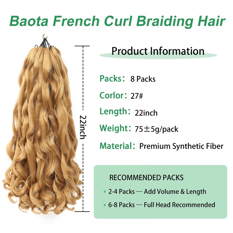 French Curl Braiding Hair 22 Inch 27# 8 Packs