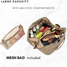 Large Capacity Travel Cosmetic Bag, Travel Makeup Bag,  Opens Flat for Easy Access, Toiletry Bag for Women, Vegan Leather, Multifunctional:_BEIGE Dual Zippers