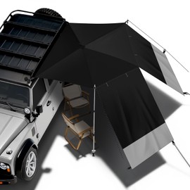 SKYJDM Car Awning for SUV/Truck RV, Shade Waterproof Roof Rack Awning with Side Wall, Heavy Duty Suction Cups & Reinforced Poles for Overland, Camping, Beach, Tailgating (Black)