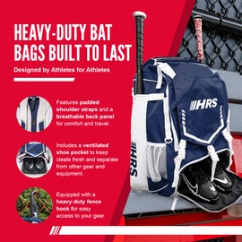 Hit Run Steal Navy Blue Softball Baseball Bag - Holds 4 Bats, Glove, Water Bottle, Shoe Compartment, Helmet, Fence Hook for Equipment & Gear