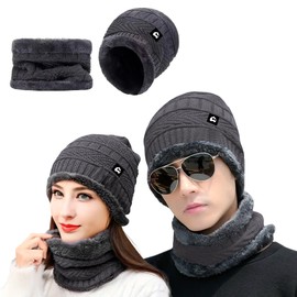 Bluelander Gorros de Invierno con Bufanda para Hombre y Mujer, Conjunto de Bufanda con Gorro, Forro de Lana, A Prueba de Viento de Invierno (MX/US, Alfa, Talla única, Gris - 2 Piezas)