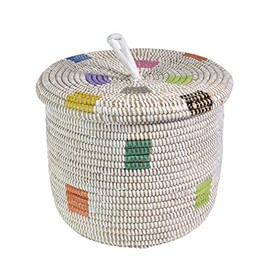 African Fair Trade Handwoven Lidded Shelf/Table Basket from Senegal, White with Multicolor Squares
