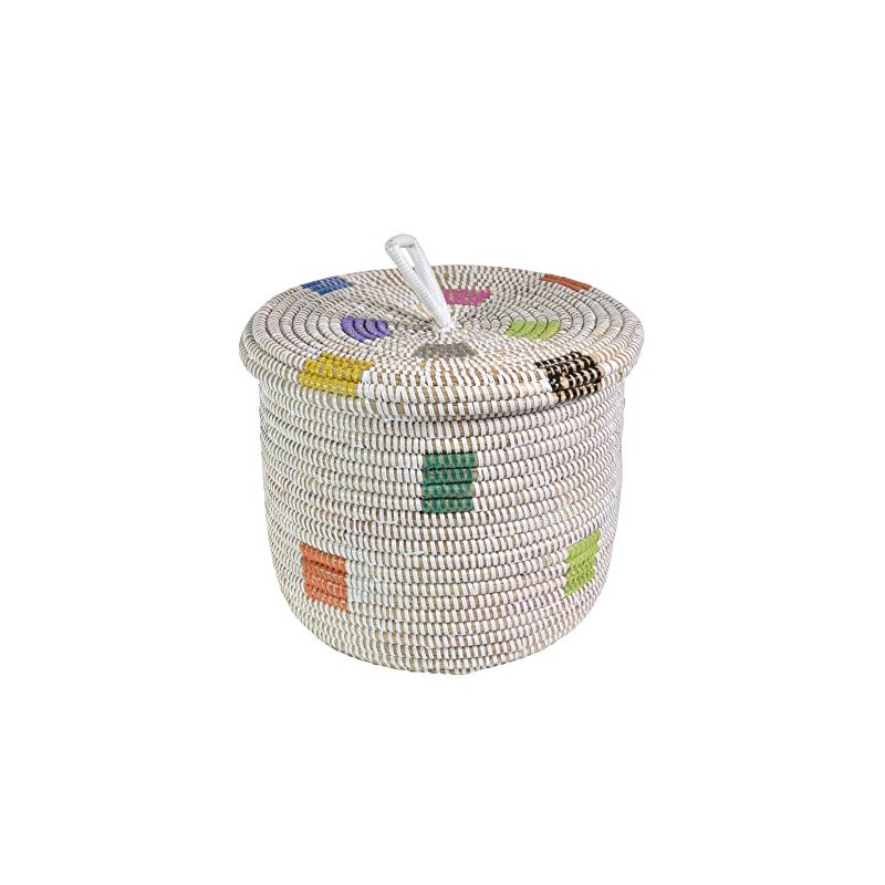 African Fair Trade Handwoven Lidded Shelf/Table Basket from Senegal, White