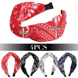 BOOMTOP 4pcs Headband Wide Headband Paisley Women's Hair Bands with Knot Rockabilly Headband Pleated Headband Vintage Hair Accessories Headwear for Girls Women Red Black White Dark Blue