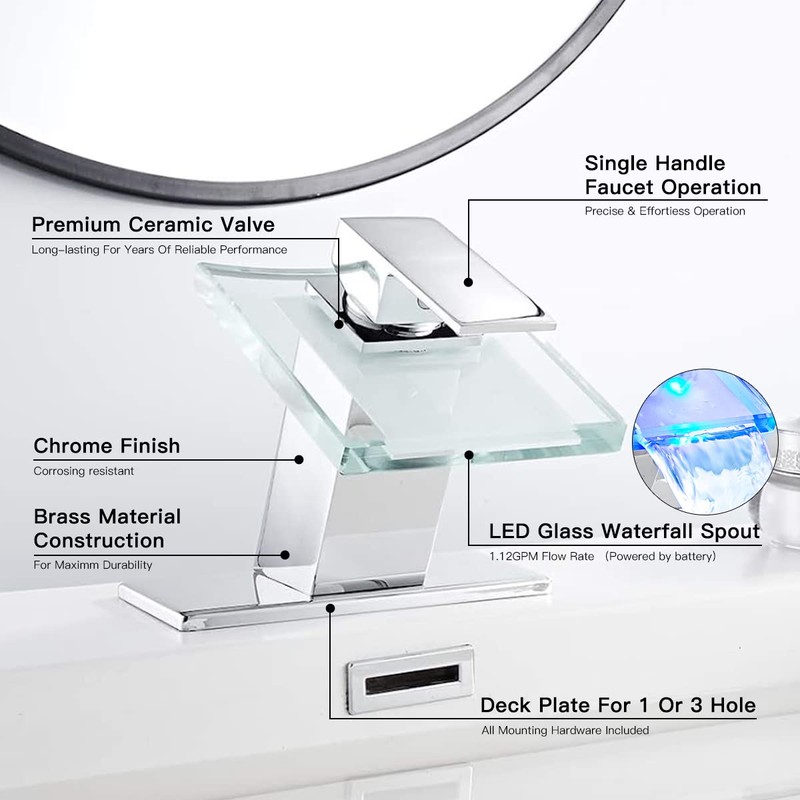 Bathroom Faucet LED Light 3 Colors Changing Waterfall Glass Spout