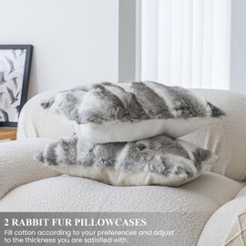 MOOX Set of 2 Genuine Rabbit Fur Throw Pillow Covers 12"x20", Real Fluffy Rabbit Fur Pillowcase with Zipper, Decorative Couch Pillows Covers for Living Room, Sofa, Couch-Grey White