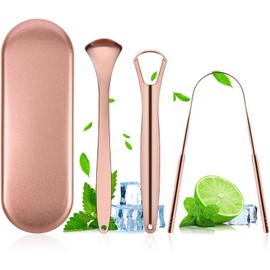 ACWOO Limpiador lingual, 3 unidades de raspador de lengua de acero inoxidable, juego de rascador de toungescraper de oro rosa para adultos, rascador para el cuidado bucal contra el mal aliento (oro
