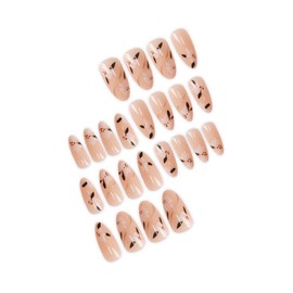 UEYRSEDB Flower Press on Nails Short Almond Fake Nails with Spring Summer Flower Design Gold Curve Line Glue on False Nail Floral Artificial Stick on Nail for Women Manicure Accessories 24Pcs