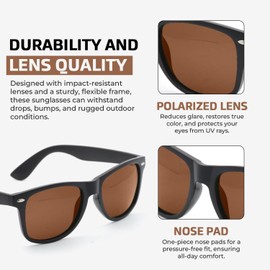 Hiking Vision Classic Polarized Sunglasses Mens & Womens, Lightweight UV400 Protection Anti-Glare Lenses Unisex Eyewear, Trendy Polarized Sunglasses Women & Men, Matte Black Frame & Dark Brown Lens