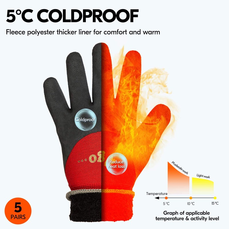 Vgo... 5 pairs Thermal Winter Work Gloves Palm Latex for