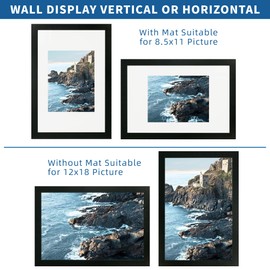 Hongkee 12x18 Frame Set of 2, Rustic Black Wood Style, Display 12 x 18 Poster without Mat or 8.5x11 Picture with Mat, Wall Mounting Horizontal and Vertical