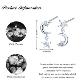 CONILOK Unbalanced Zircon Star Moon Earrings Silver 925 Stud Earrings Silver Women's Jewellery Earring Gifts for Women Girls Girlfriend Mother Birthday Wedding Christmas Day, Silver, Cubic Zirconia