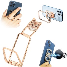 Foldable Cell Phone Stand for Desk,Rotatable Multi-Angle Hand Grip for All Smartphones, Adjustable Cellphone Ring Holder Finger Kickstand for Office Desktop & Magnetic Car Mount(Cat pattern,Rose Gold)