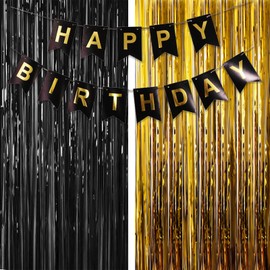 Black Gold Birthday Decorations, 2PCS Tinsel Foil Curtains Door Streamers Party Backdrop Background, BlackGold Happy Birthday Banner Bunting with Foil Fringe Curtain for Birthday Party Decorations