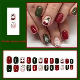 24 PCS Christmas Press on Nails - Full Cover False Nails with Snowman Santa Claus Pattern - Short Square False Nails - Acrylic French Stick on Nails with Glue - Suitable for Christmas Party