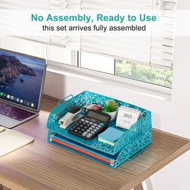 EasyPAG Paper Organizer for Desk 2 Tier Stackable Paper Tray for A4 Legal Size Folders Metal File Storage Desktop Organizer for Home Office School Teacher, Dark Teal