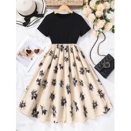 Seechoslo New 8-14Years Girls Elegant Dress Short Sleeve A-Line Floral Midi Party Special Occasion (US, Age, 10 Years, Black)