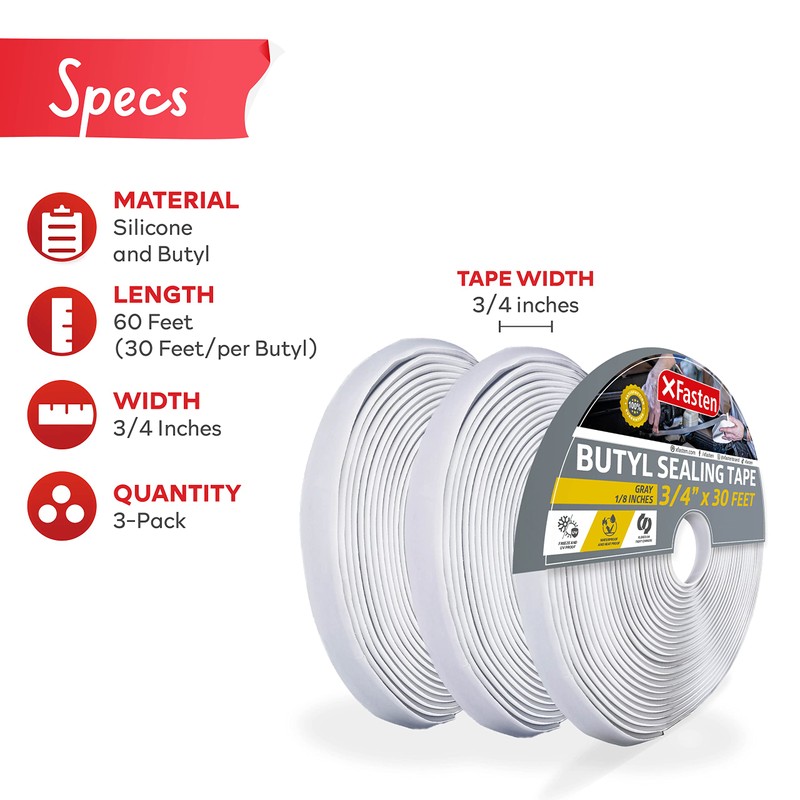 XFasten Butyl Putty Tape, Gray, 1/8" x 3/4" x 30'