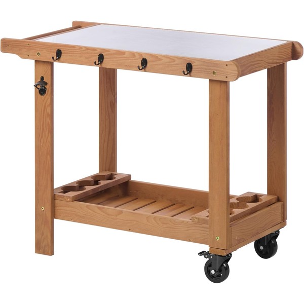 Outdoor Wooden Grill Cart Table with Wheels, Metal Top and