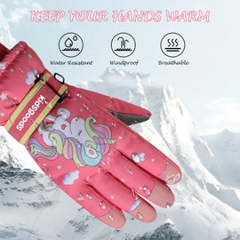 Kids Gloves, Girls Ski Waterproof Gloves Pink Unicorn Winter Thermal Snow Warm Mittens Children Non-Slip Hand Warmers Sports Windproof Heat Snowboard Running Hiking Skiing Cycling