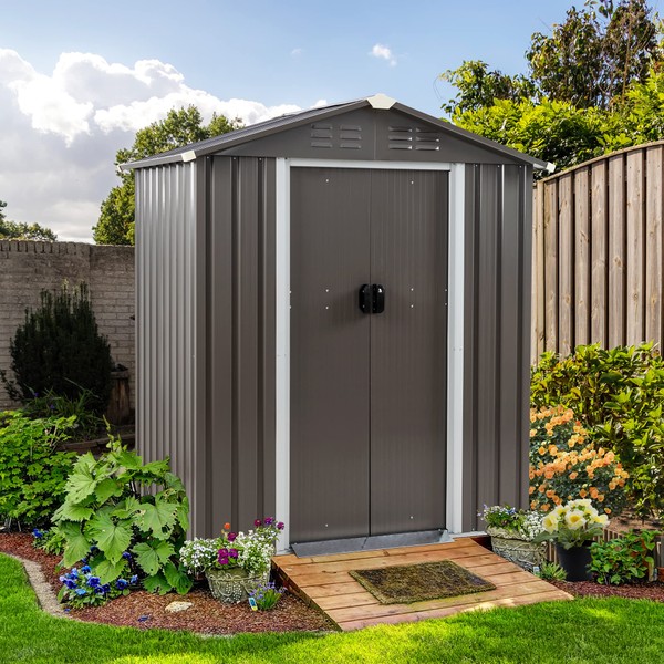 Shintenchi 5x3 FT Outdoor Storage Shed,Waterproof Metal Garden Sheds with Lockable Double Door,Weather Resistant Steel Tool Storage House Shed for Yard,Garden,Patio,Lawn,Grey
