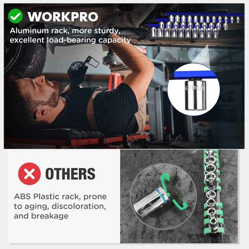 WORKPRO Magnetic Socket Organizer Set, 6-Piece Aluminum Alloy Socket Rail,